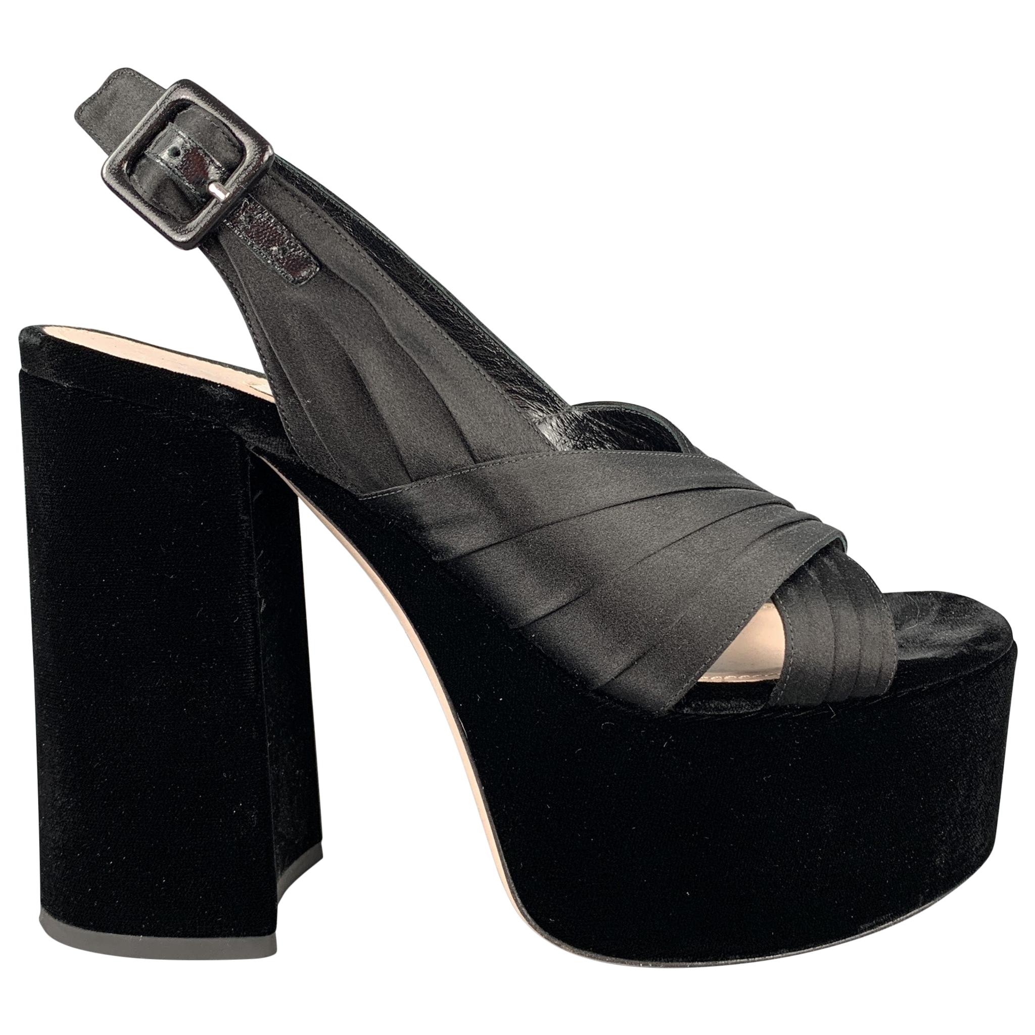 MIU MIU Size 8 Black Satin Chunky Heel Platform Sandals