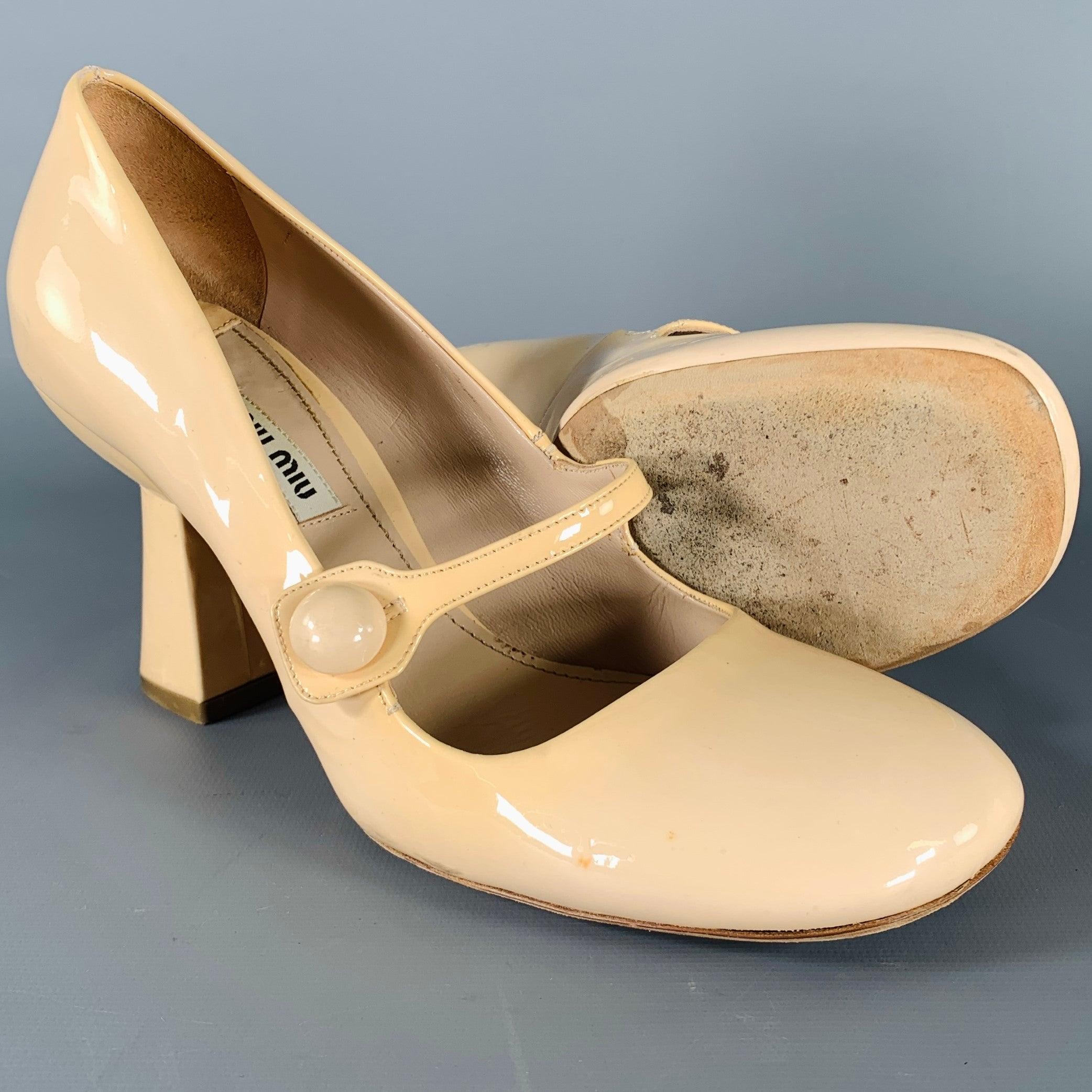 Women's MIU MIU Size 8 Nude Patent Leather Mary Jane Pumps