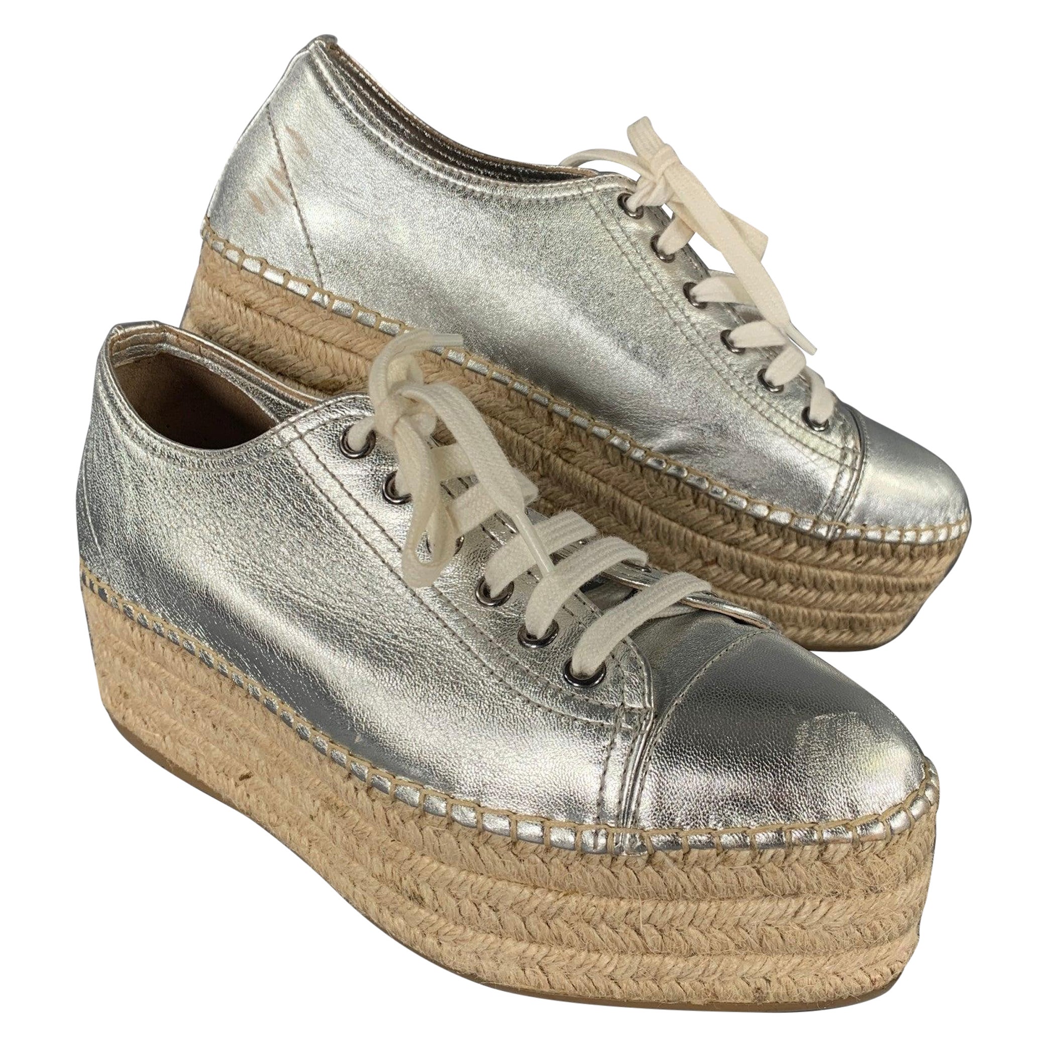 MIU MIU Size 8 Silver Espadrille Platform Sneakers For Sale