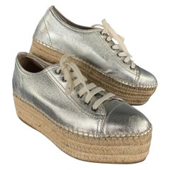 MIU MIU Size 8 Silver Espadrille Platform Sneakers
