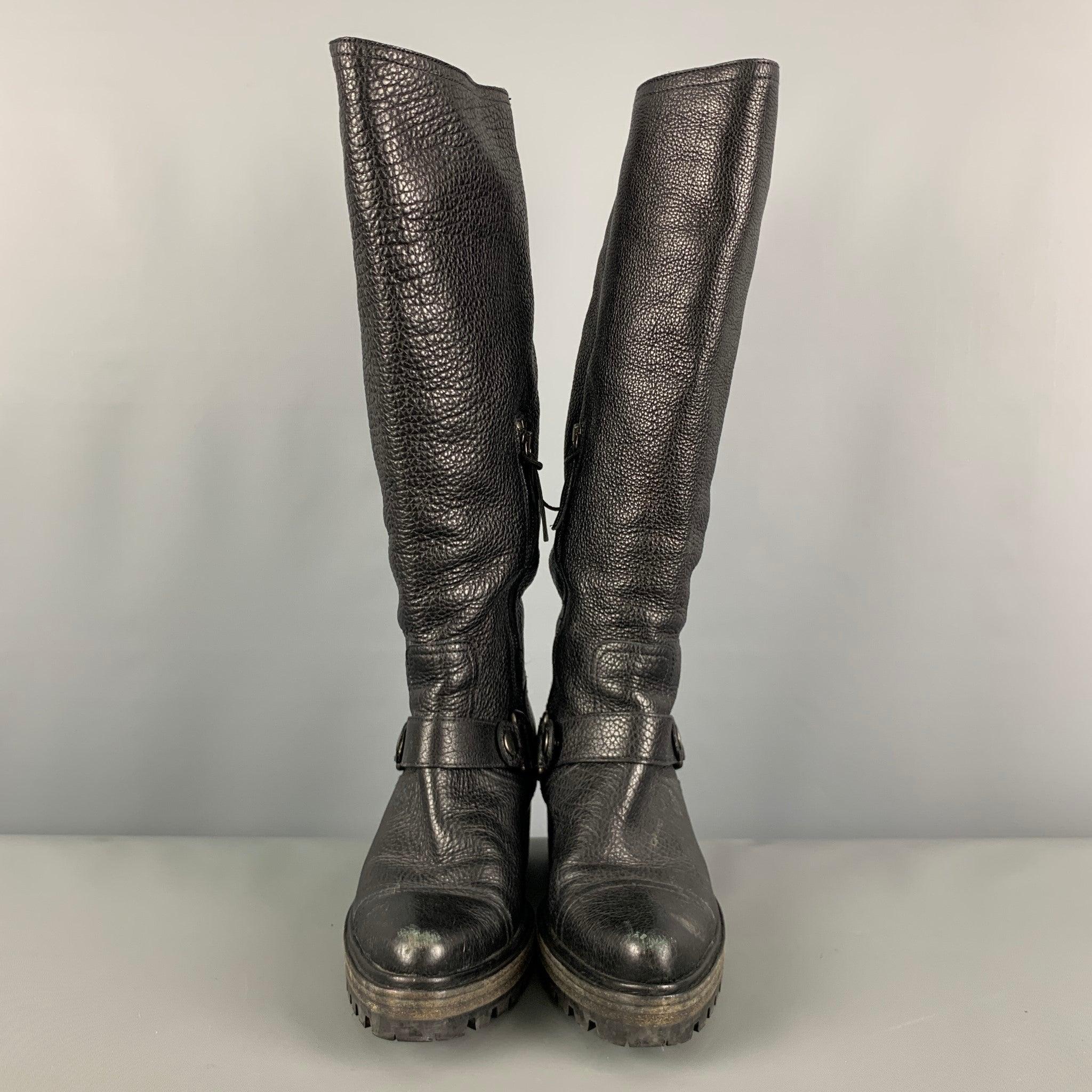 Women's MIU MIU Size 9 Black Leather Pebble Grain Side Zipper Boots