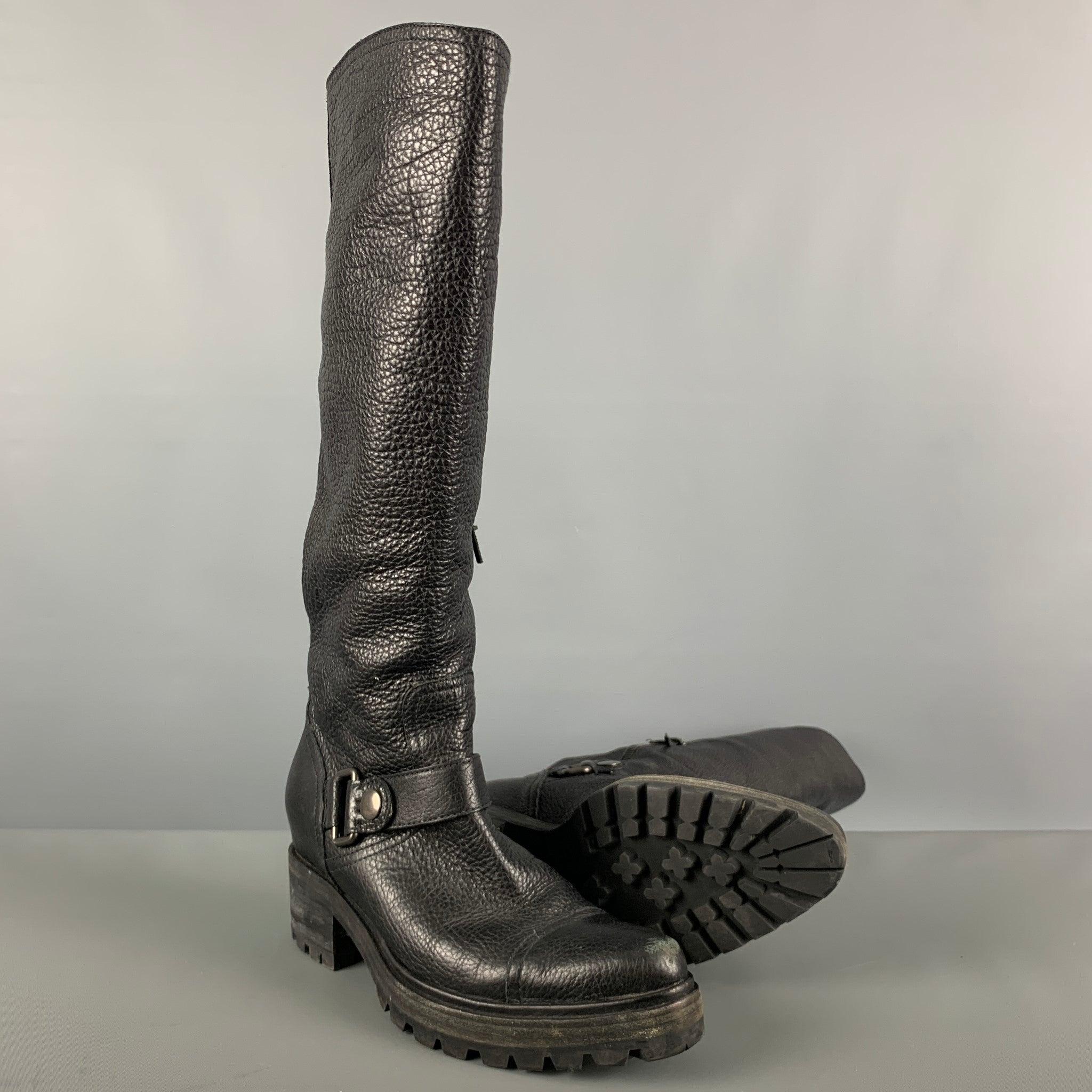 MIU MIU Size 9 Black Leather Pebble Grain Side Zipper Boots 1