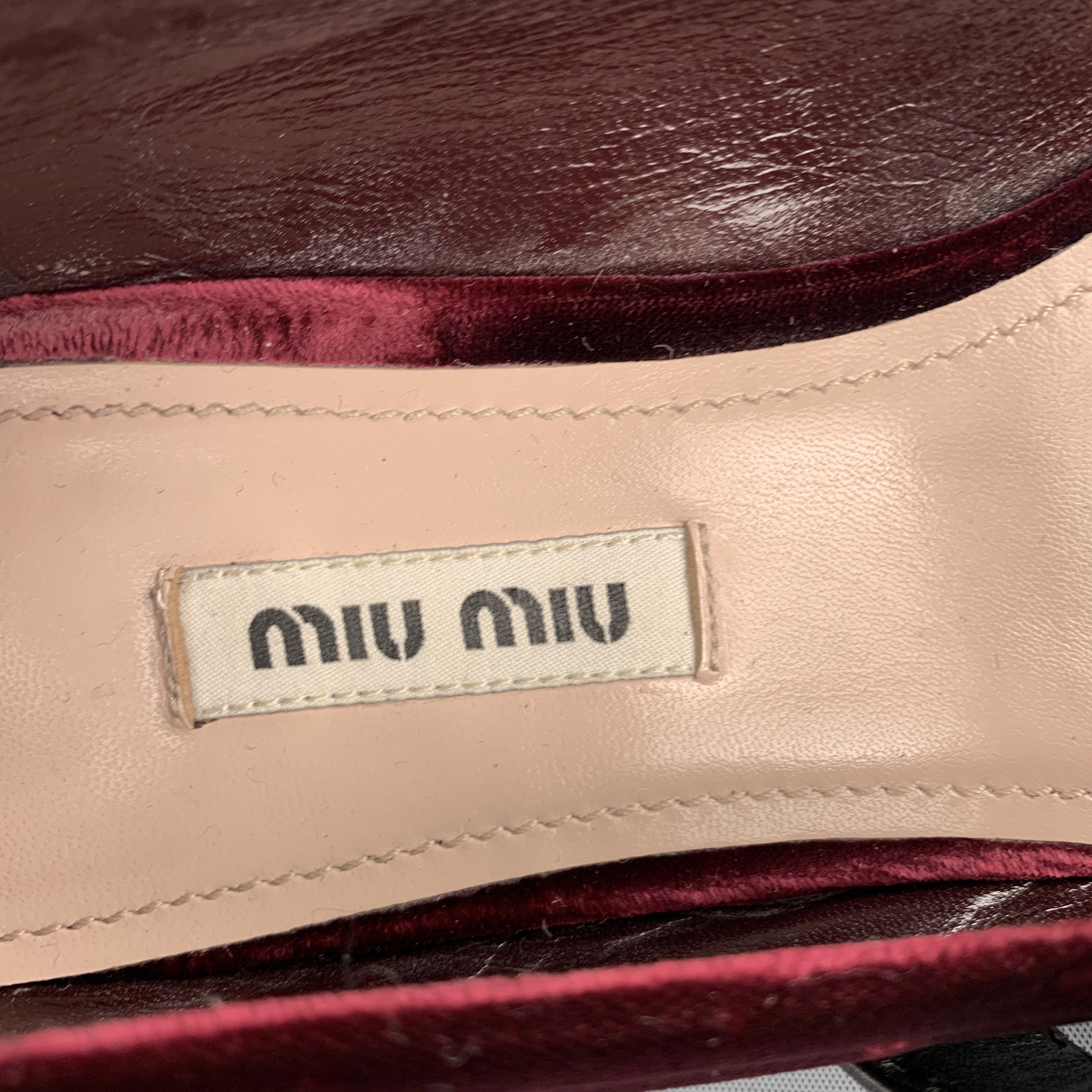 MIU MIU Size 9 Burgundy Velvet Rhinestone Strap Mary Jane Flats In Good Condition In San Francisco, CA
