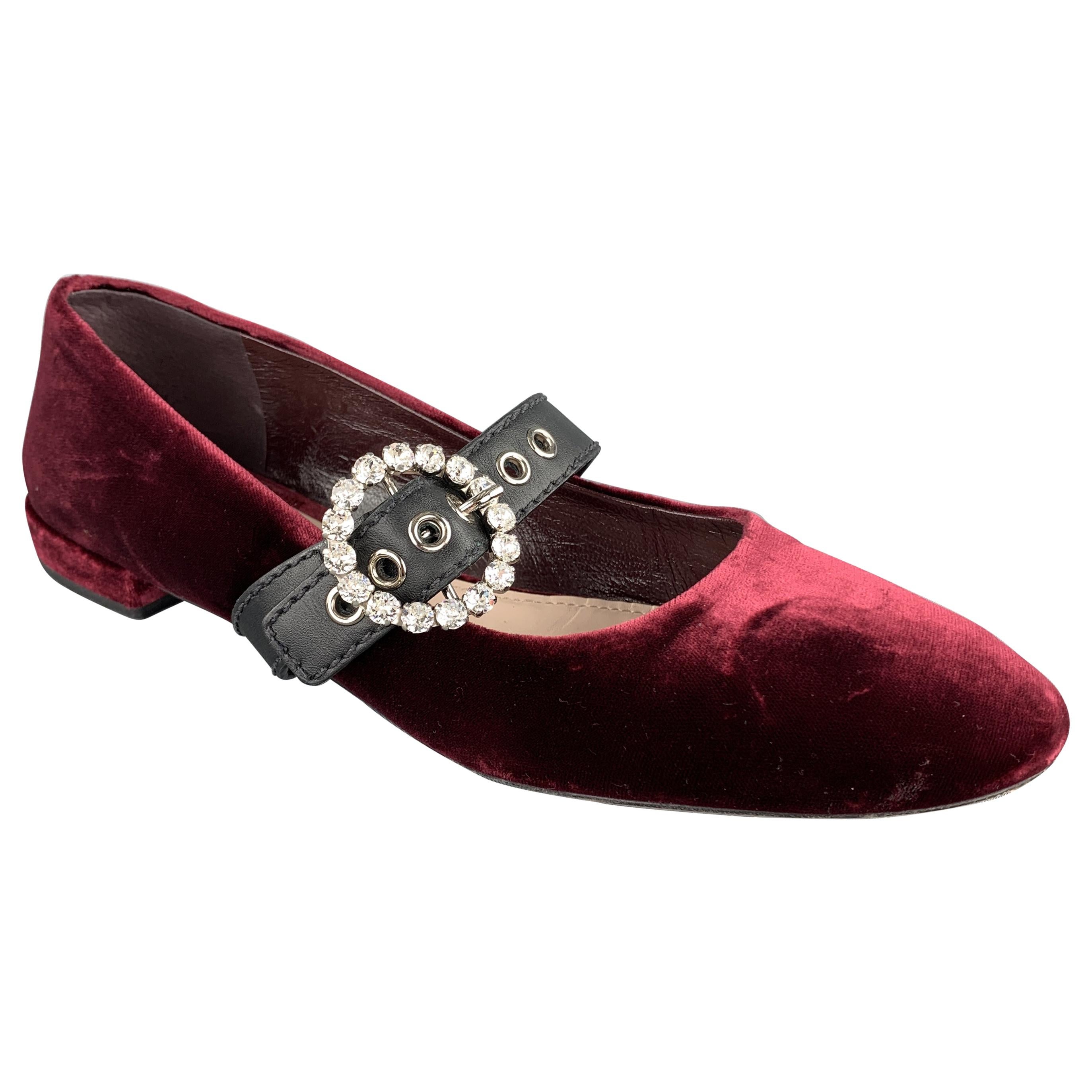 MIU MIU Size 9 Burgundy Velvet Rhinestone Strap Mary Jane Flats