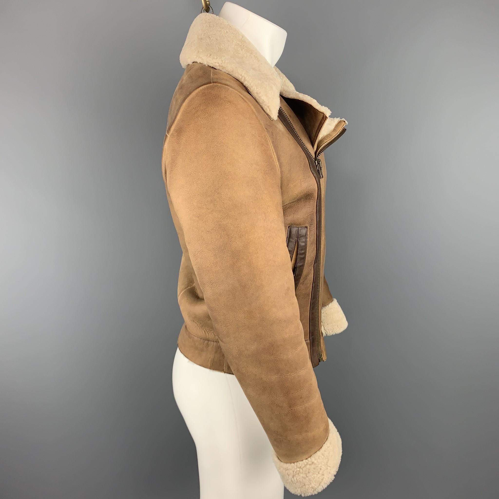 Brown MIU MIU Size US 36 / IT 46 Tan Distressed Shearling Biker Jacket