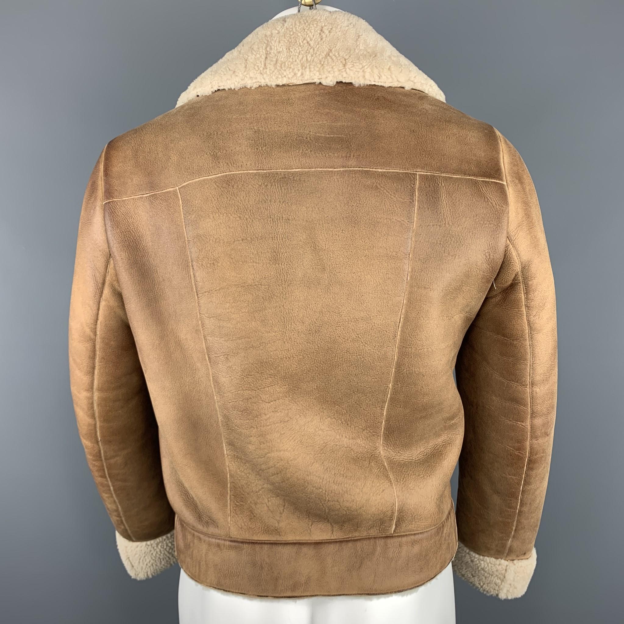 MIU MIU Size US 36 / IT 46 Tan Distressed Shearling Biker Jacket In Good Condition In San Francisco, CA