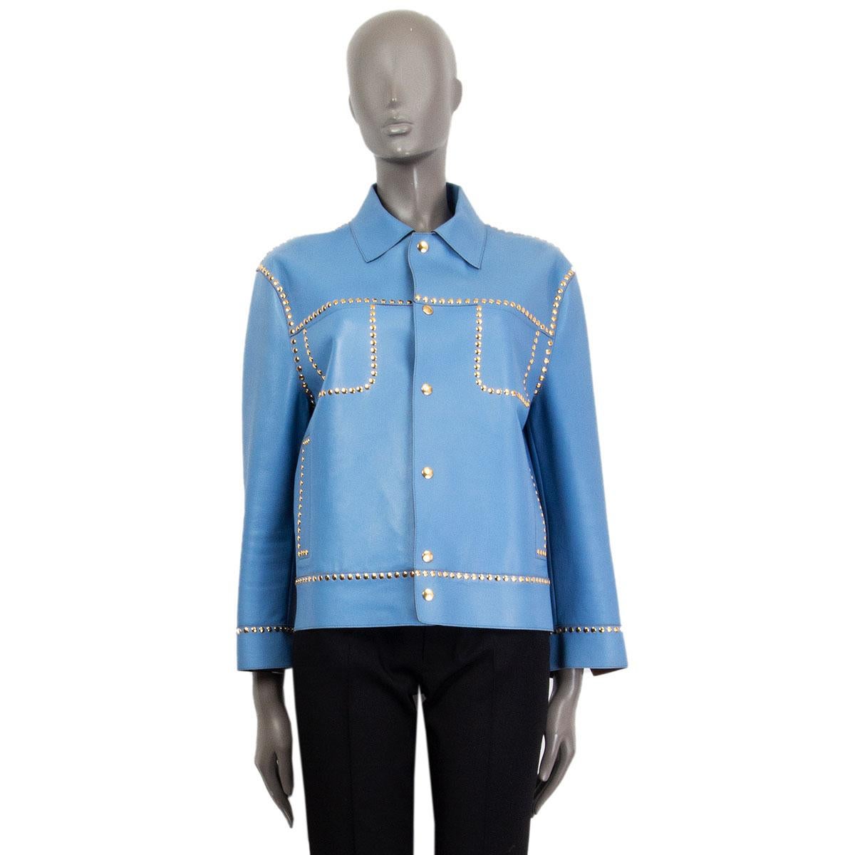 100% authentic Marni studded embellished leather jacket in sky blue lamb leather (100%) with a contrasting inside in brown tone, spread collar, two patch pocket at the breast and two diagonal slit pockets. Unlined. Closes with golden snap-buttons in