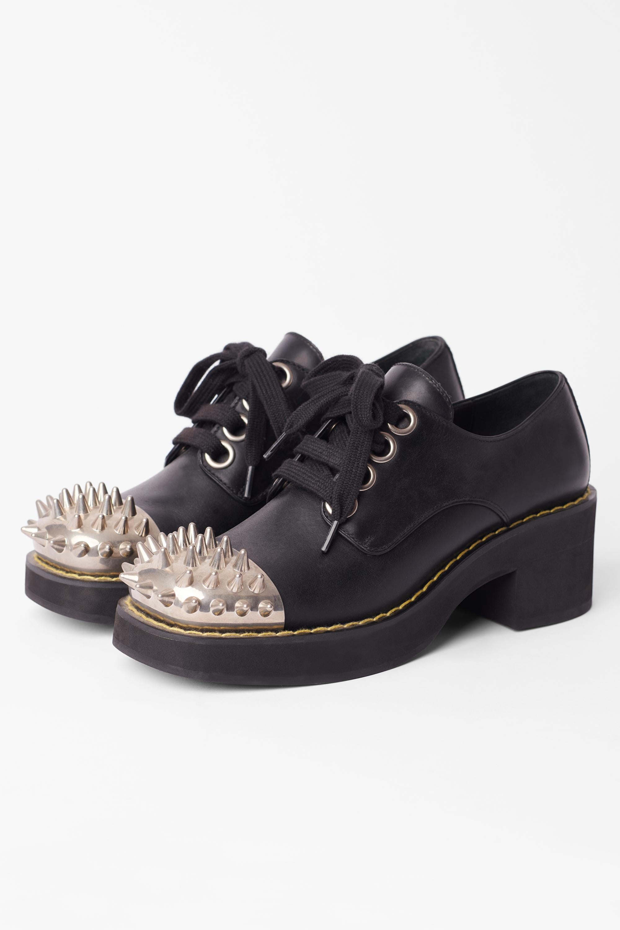Black Miu Miu Spiked Leather Block Heel Derby Shoes For Sale