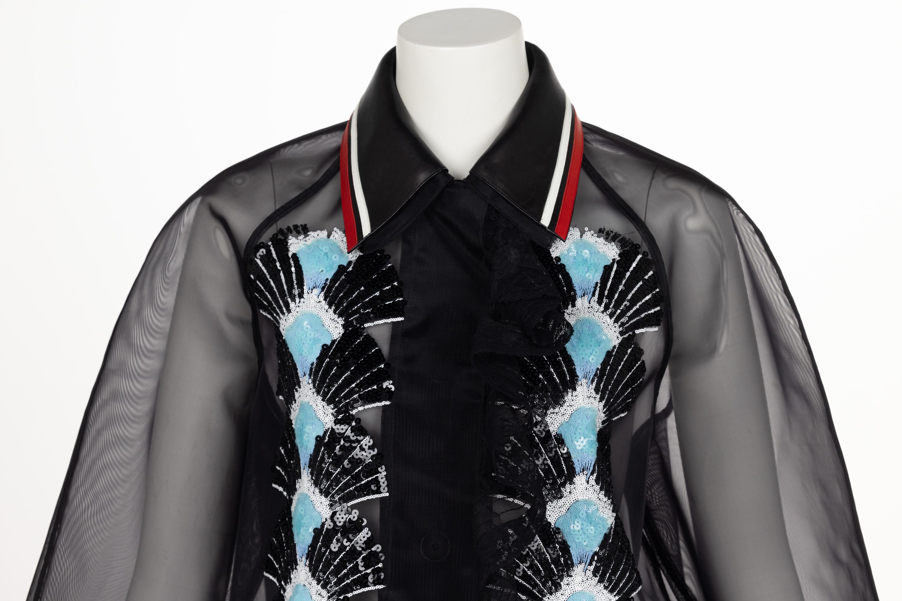 Miu Miu Spring 2016 Black Organza Sequin Leather Collar Coat New Tags For Sale 3
