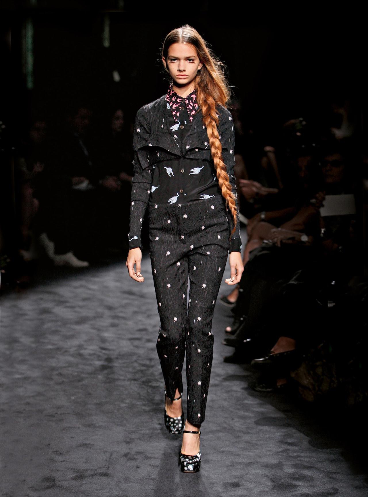 Black Miu Miu SS 2010 Runway Cat and Bird Print Silk Blouse