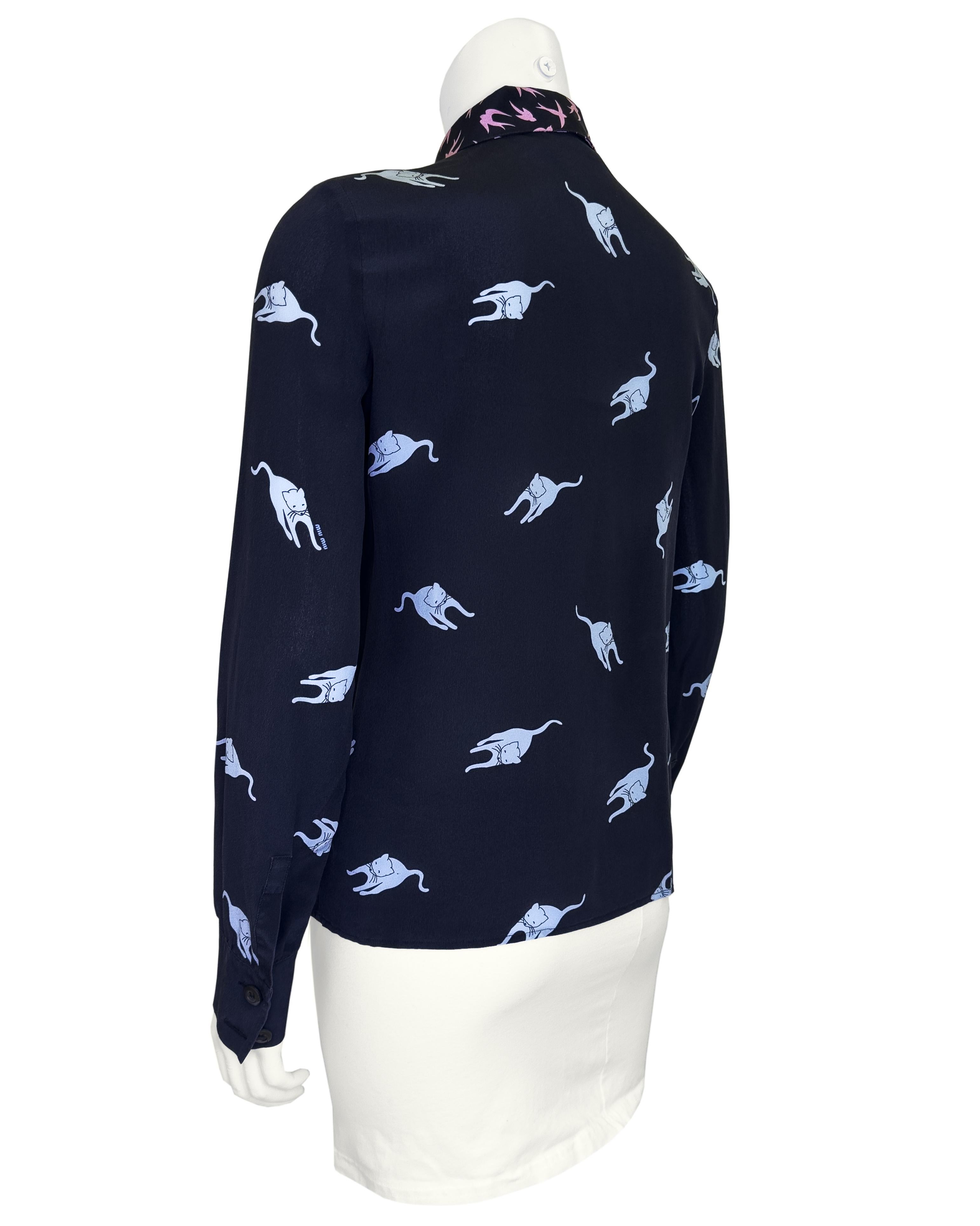 Miu Miu SS 2010 Runway Cat and Bird Print Silk Blouse In Excellent Condition In Toronto, Ontario
