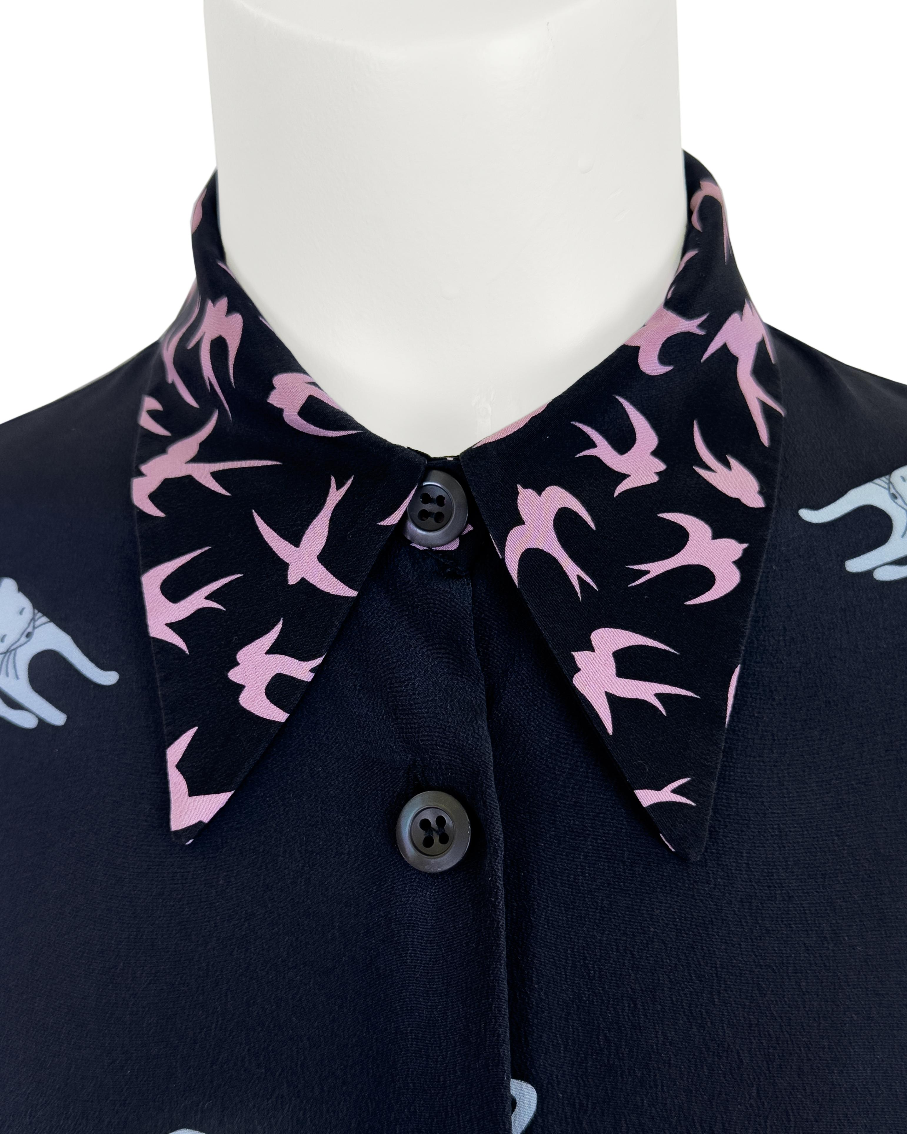 Miu Miu SS 2010 Runway Cat and Bird Print Silk Blouse 1