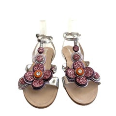 Miu Miu SS16 Silver Glitter Floral Jeweled Sandals Size 38.5