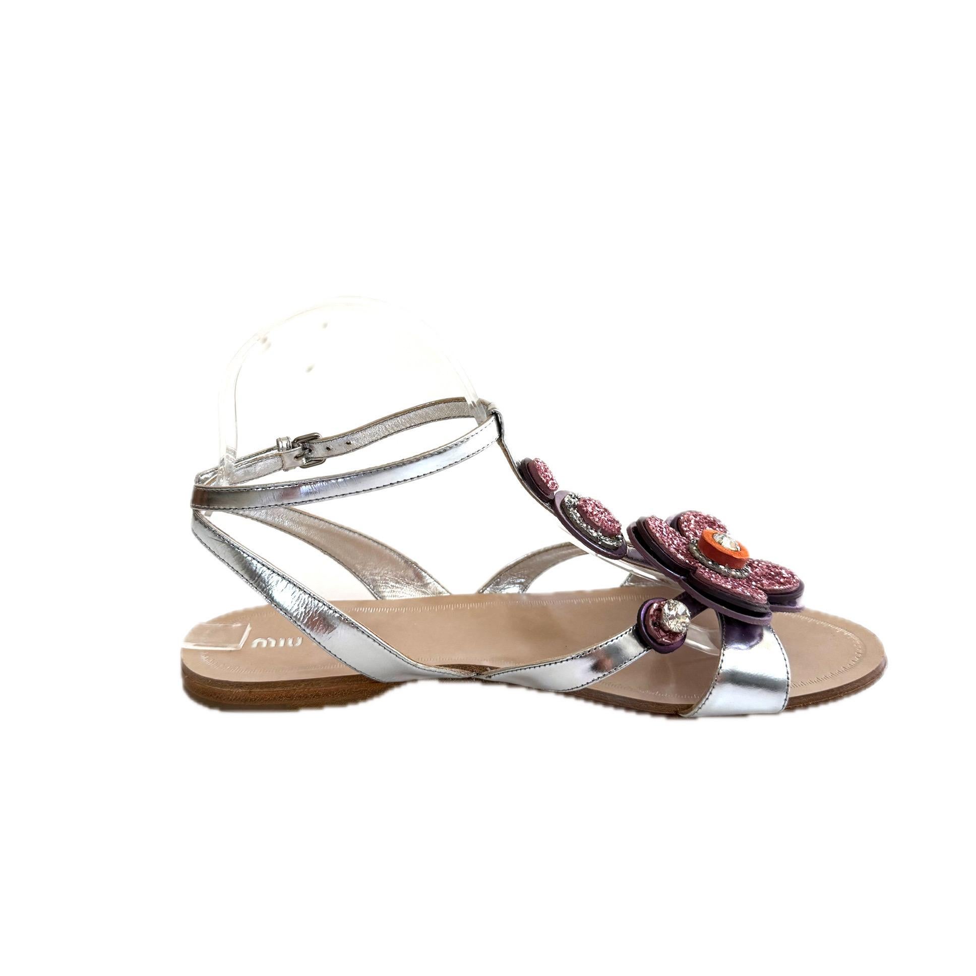 Miu Miu SS16 Argento Glitter Floreale Jewell Sandali Taglia 38,5 in vendita 1