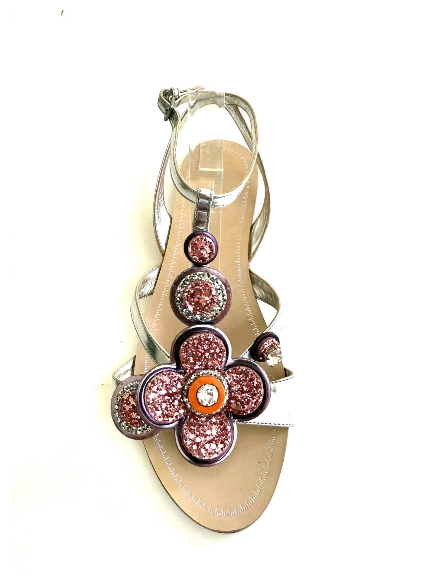 Miu Miu SS16 Argento Glitter Floreale Jewell Sandali Taglia 38,5 in vendita 3