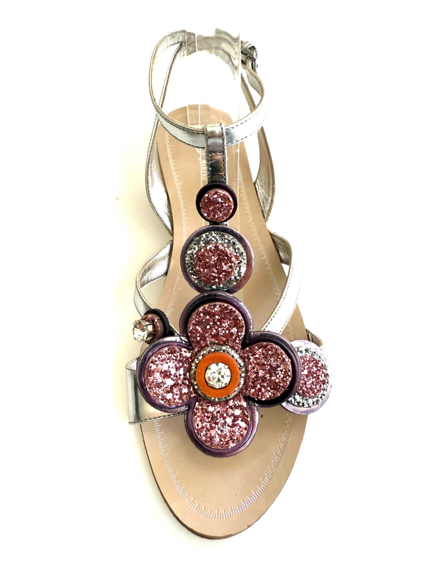 Miu Miu SS16 Argento Glitter Floreale Jewell Sandali Taglia 38,5 in vendita 4