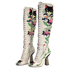 Miu Miu SS2014 Runway Cat Floral Print Patent Lace Up Knee High Boots 37