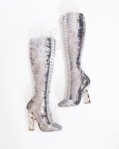 Miu Miu SS2014 Silver Sequin and Crystal Knee High Boots (39)