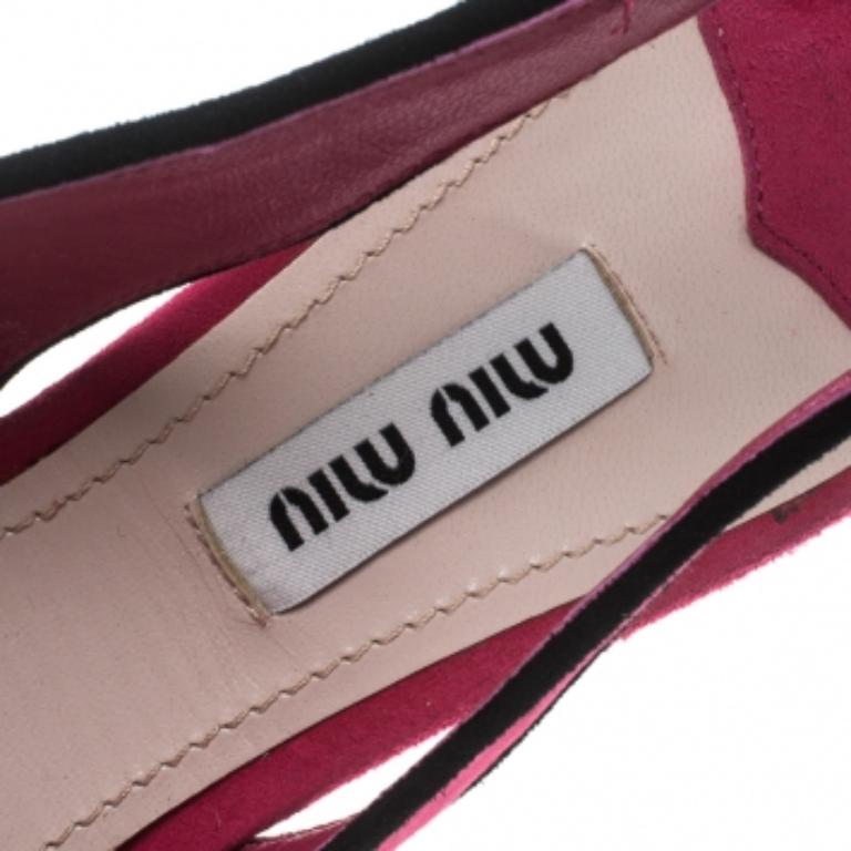 Rose Miu Miu Suede Crystal Embellis Gliiter Platform Peep Toe Sandals Size 37.5 en vente