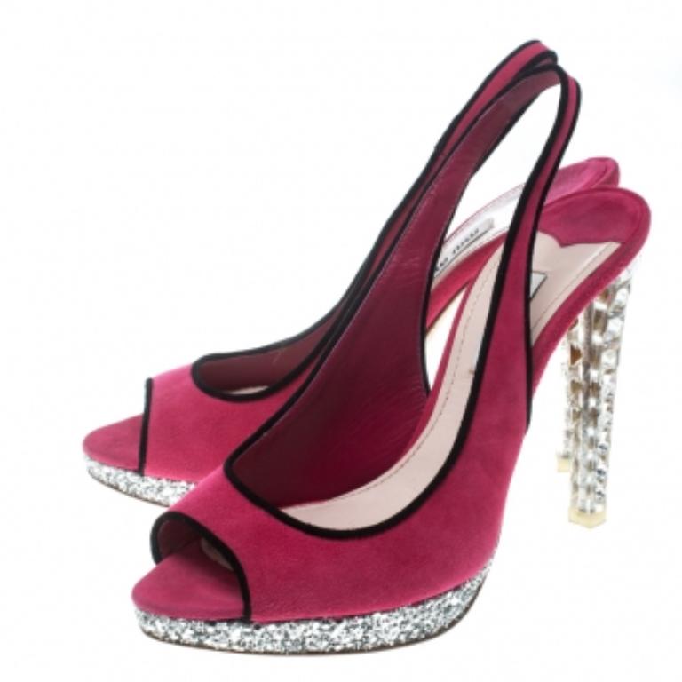 Miu Miu Suede Crystal Embellis Gliiter Platform Peep Toe Sandals Size 37.5 en vente 2