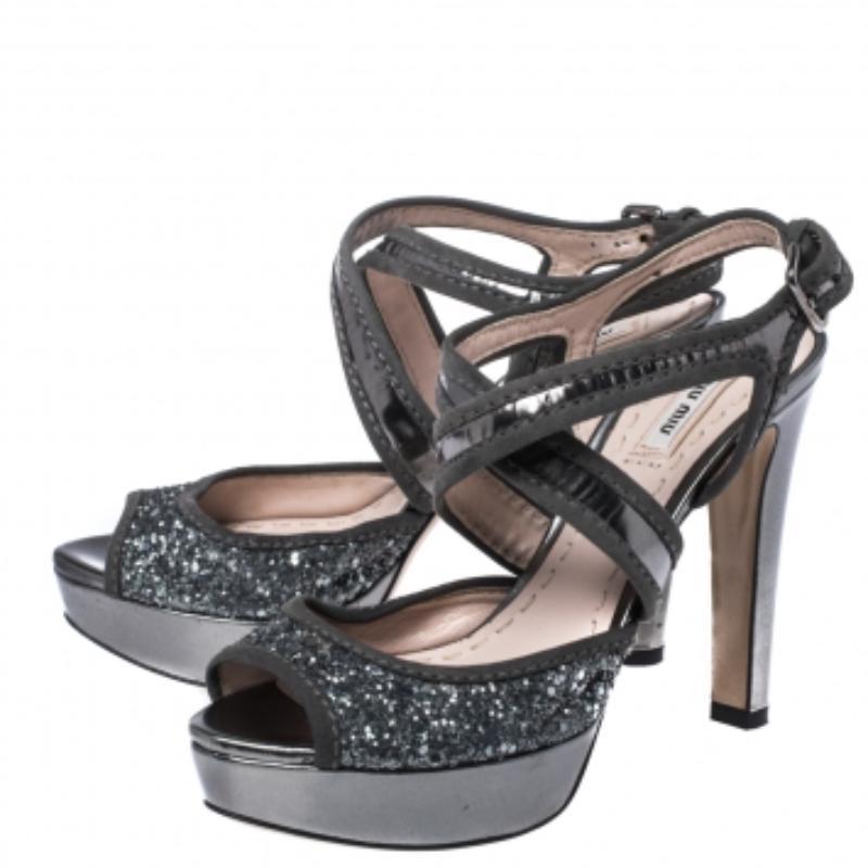 Miu Miu Suede Leather Trim Cross Strap Peep Toe Platform Sandals Size 37.5 For Sale 2