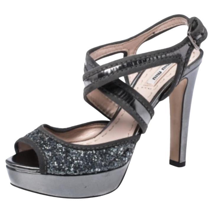 Miu Miu Suede Leather Trim Cross Strap Peep Toe Platform Sandals Size 37.5 For Sale