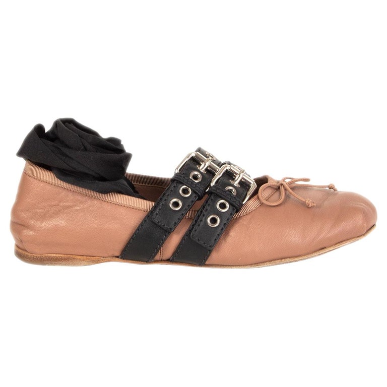 MIU tan leather BUCKLE Ballet Flats Shoes 38.5 Sale at