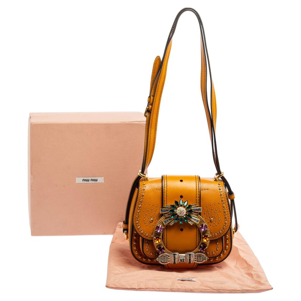 Miu Miu Tan Leather Crystal Embellished Dahlia Shoulder Bag 10