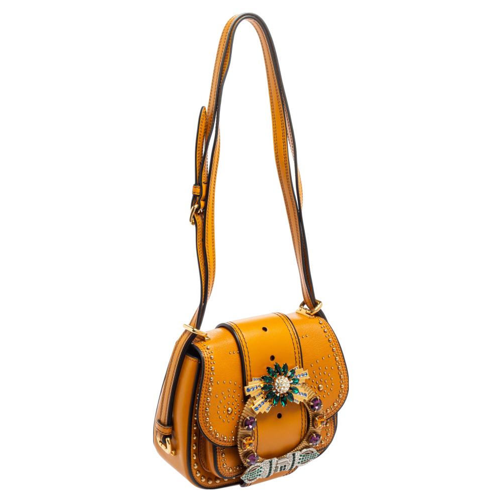 Miu Miu Tan Leather Crystal Embellished Dahlia Shoulder Bag In Excellent Condition In Dubai, Al Qouz 2