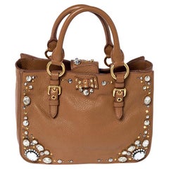 Miu Miu Tan Leather Crystal Embellished Studded Tote