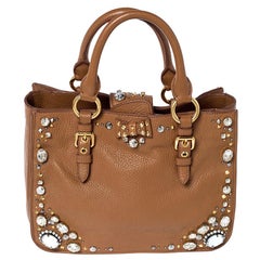 Miu Miu Tan Leather Crystal Embellished Studded Tote