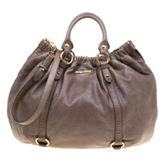 Miu Miu Taupe Vitello Lux Leather Gathered Hobo