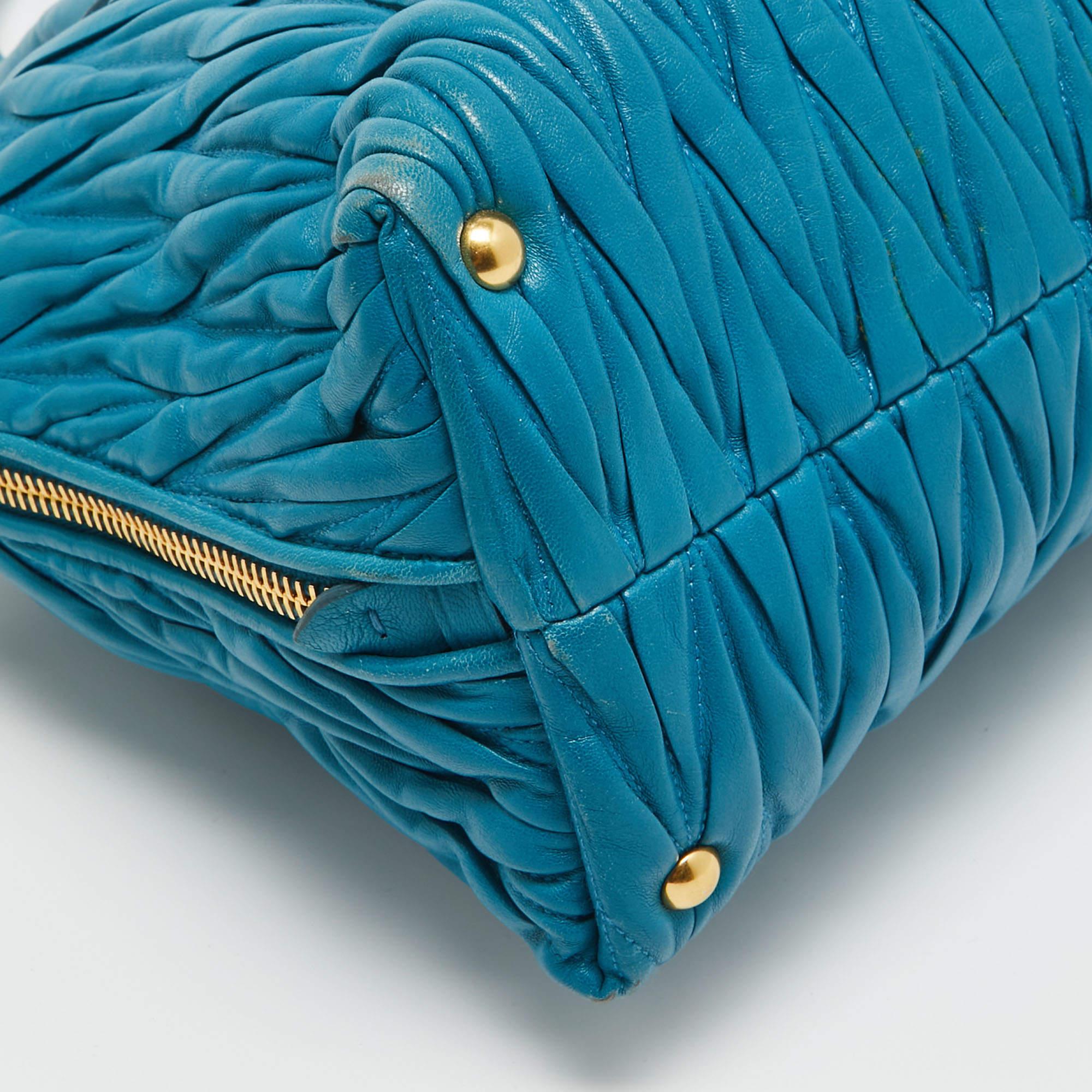 Miu Miu Teal Blue Matelassé Leather Top Zip Tote For Sale 6