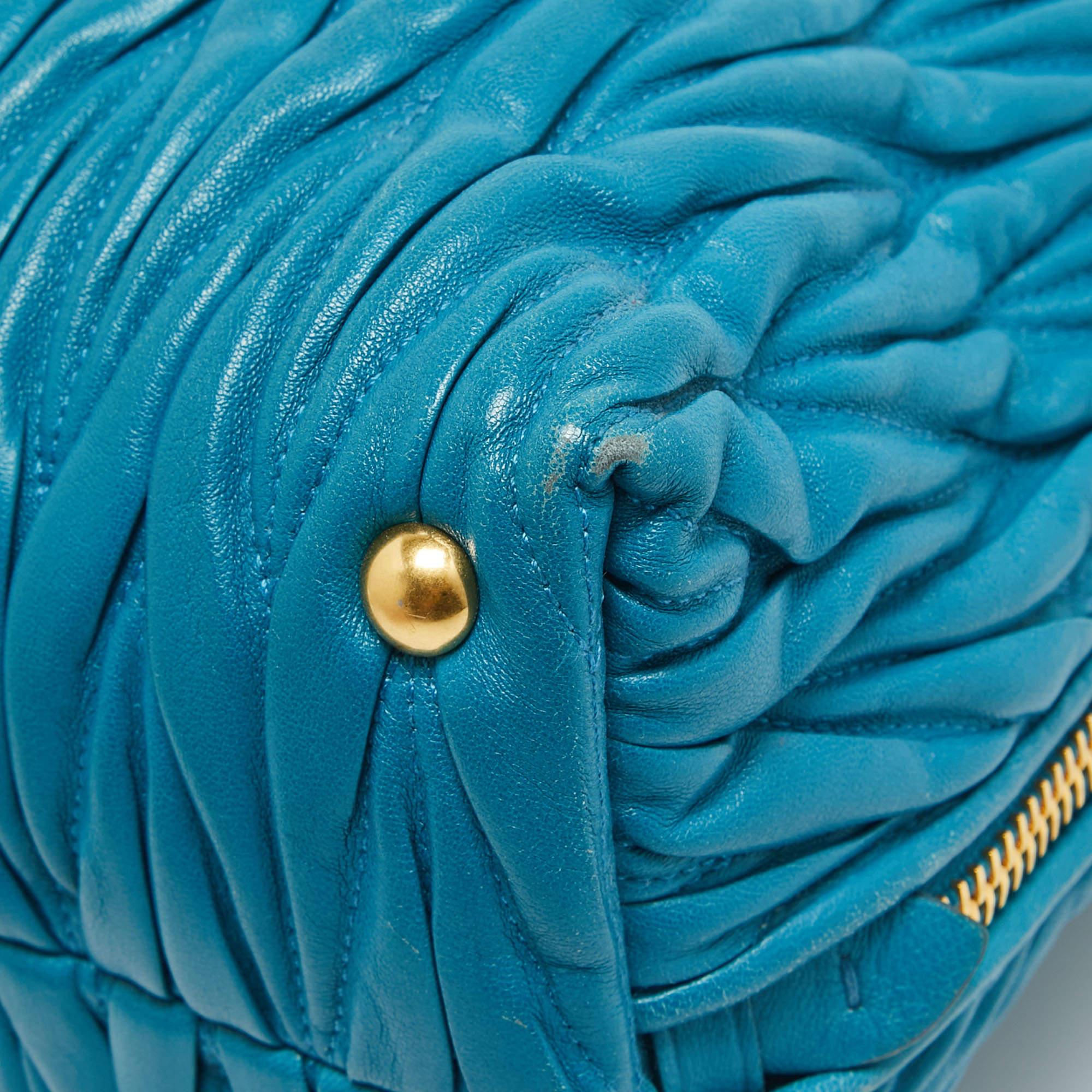 Miu Miu Teal Blue Matelassé Leather Top Zip Tote For Sale 9