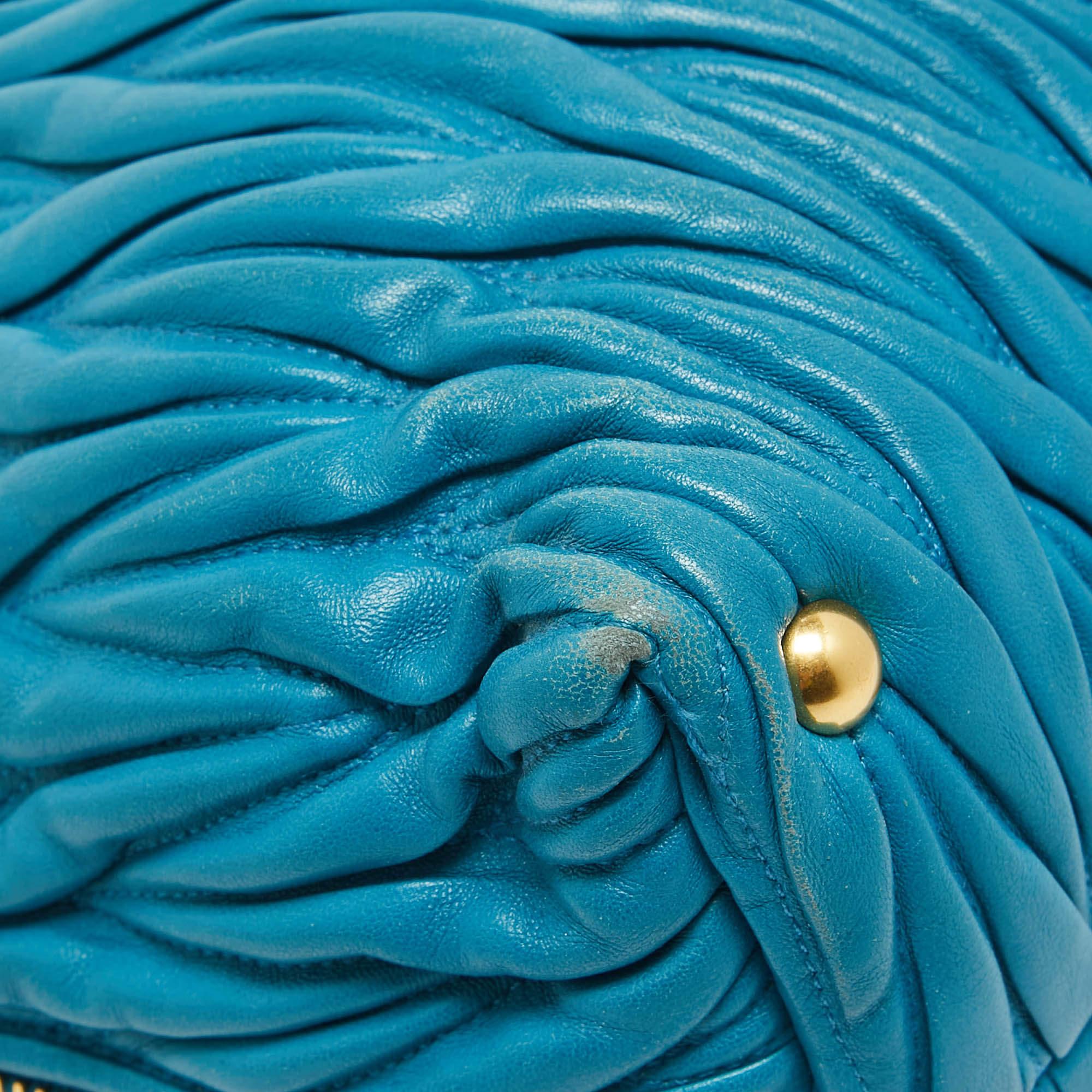 Miu Miu Teal Blue Matelassé Leather Top Zip Tote For Sale 10