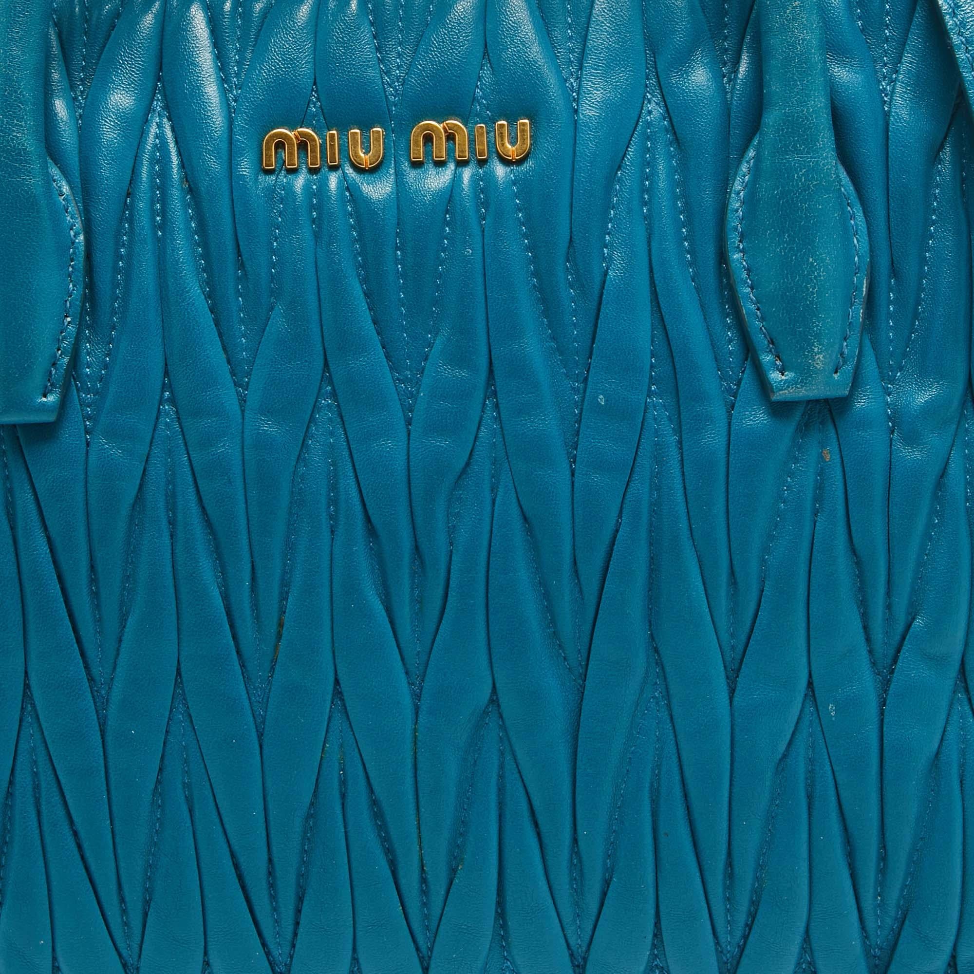 Miu Miu Teal Blue Matelassé Leather Top Zip Tote For Sale 13