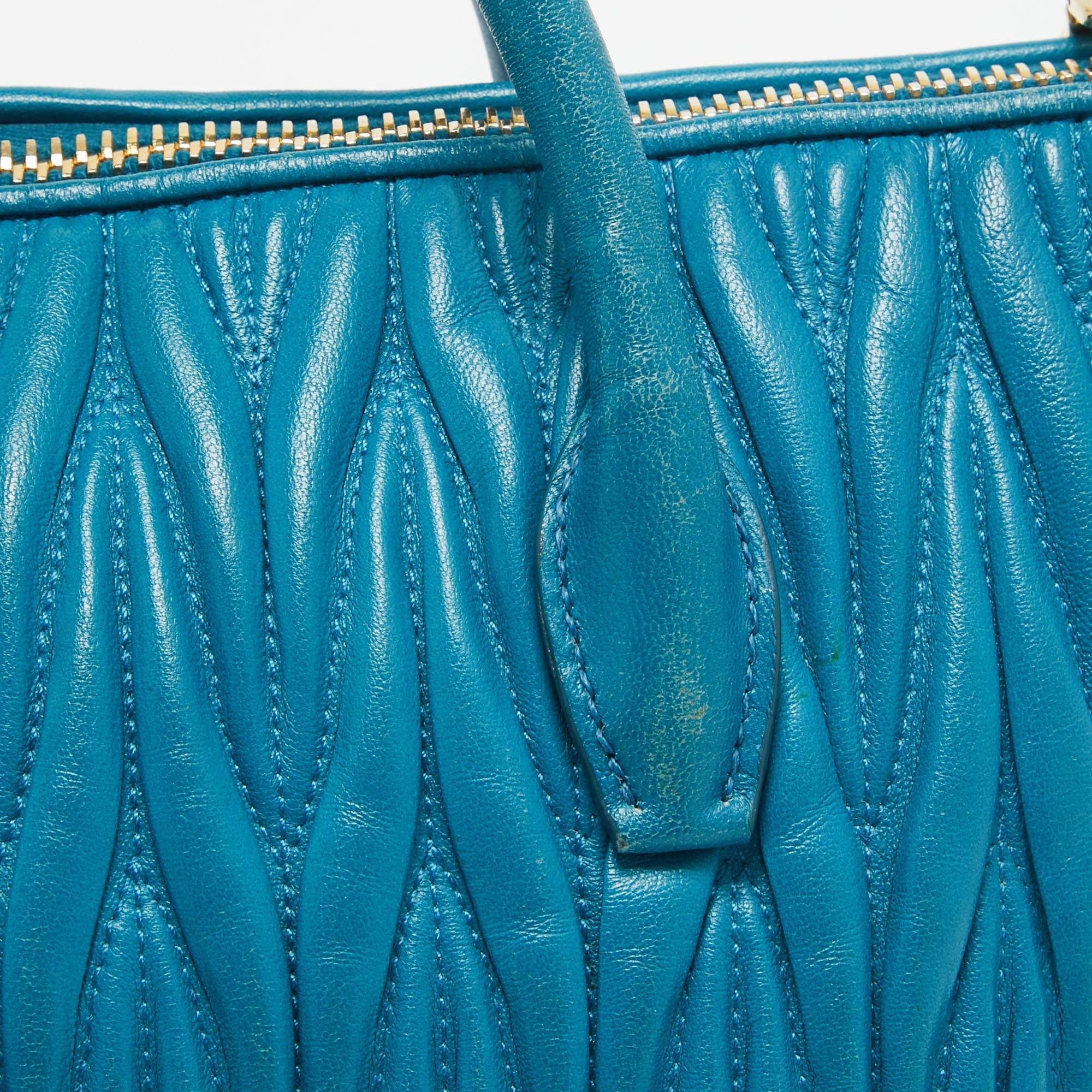 Women's Miu Miu Teal Blue Matelassé Leather Top Zip Tote For Sale