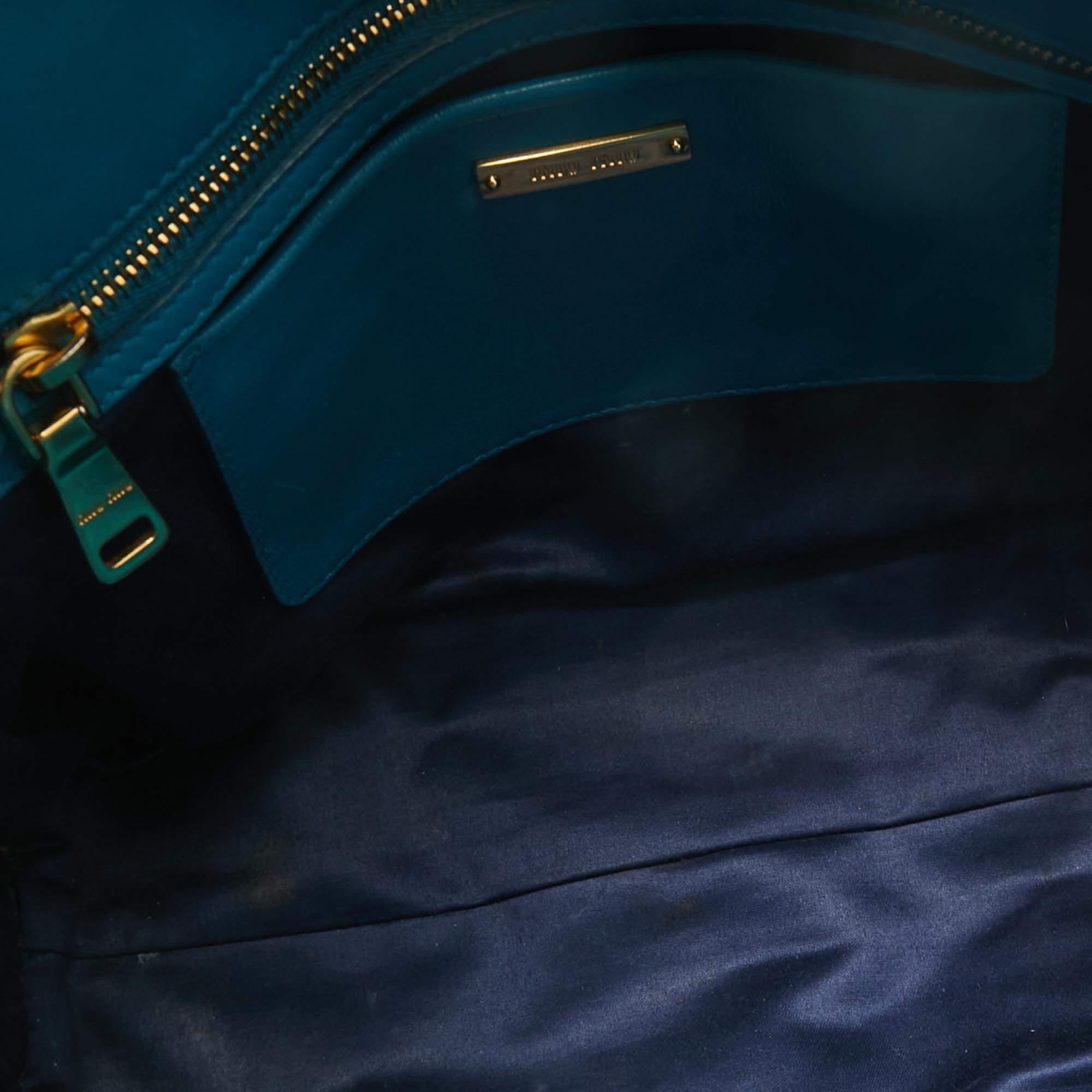 Miu Miu Teal Blue Matelassé Leather Top Zip Tote For Sale 1