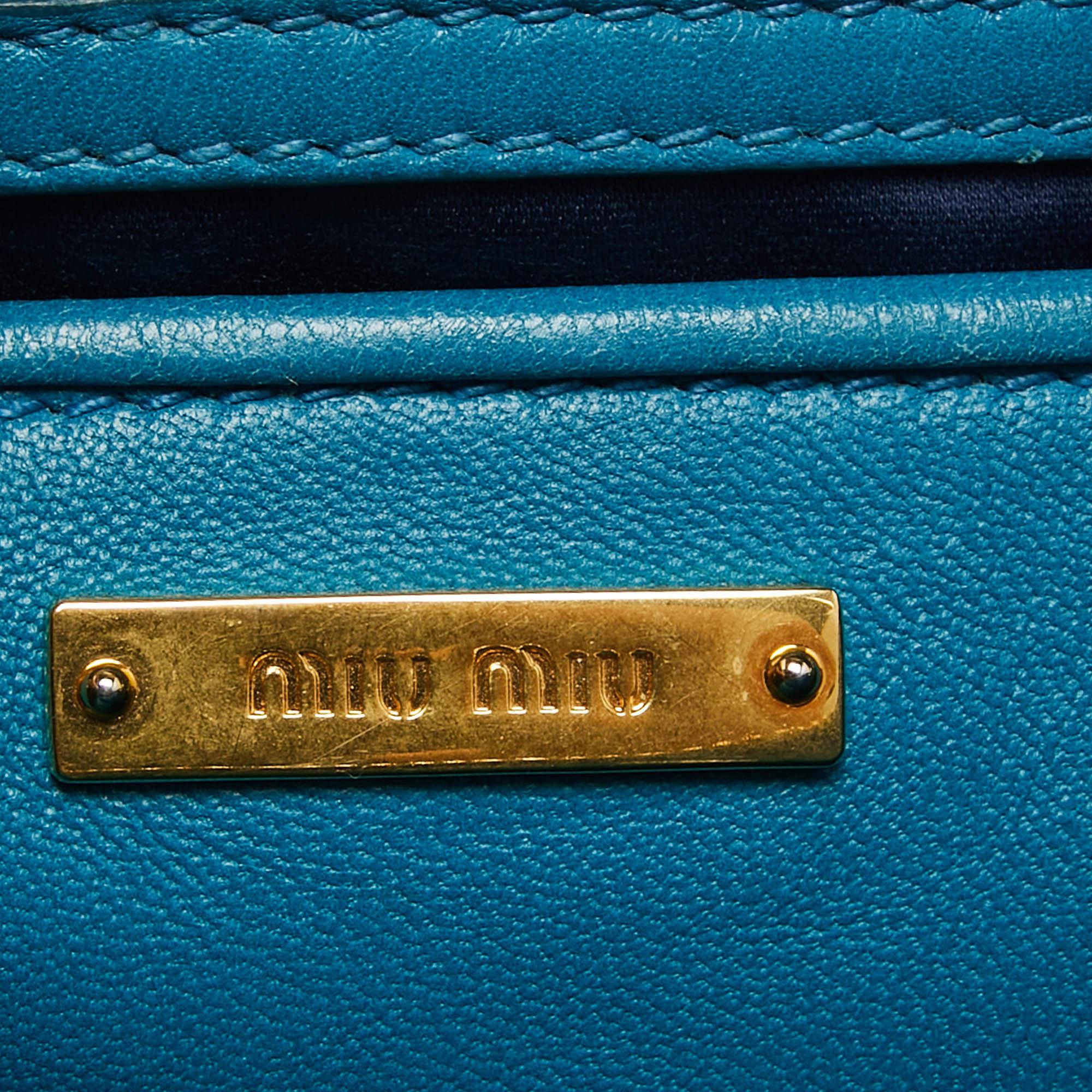 Miu Miu Teal Blue Matelassé Leather Top Zip Tote For Sale 2