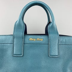 MIU MIU Teal & Blue Textured Leather Two Tone Vitello Caribo Tote Bag