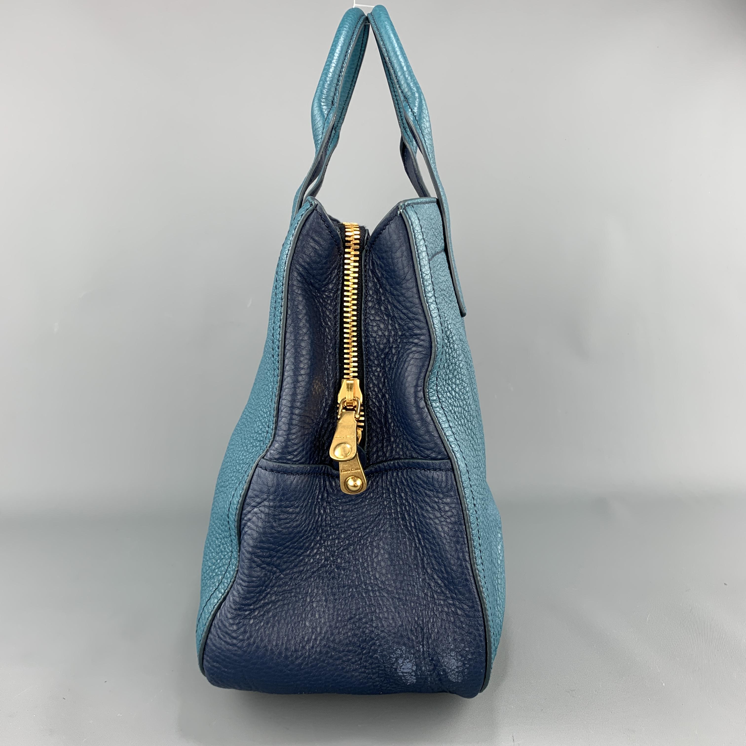 MIU MIU Teal & Blue Textured Leather Two Tone Vitello Caribo Tote Bag In New Condition In San Francisco, CA