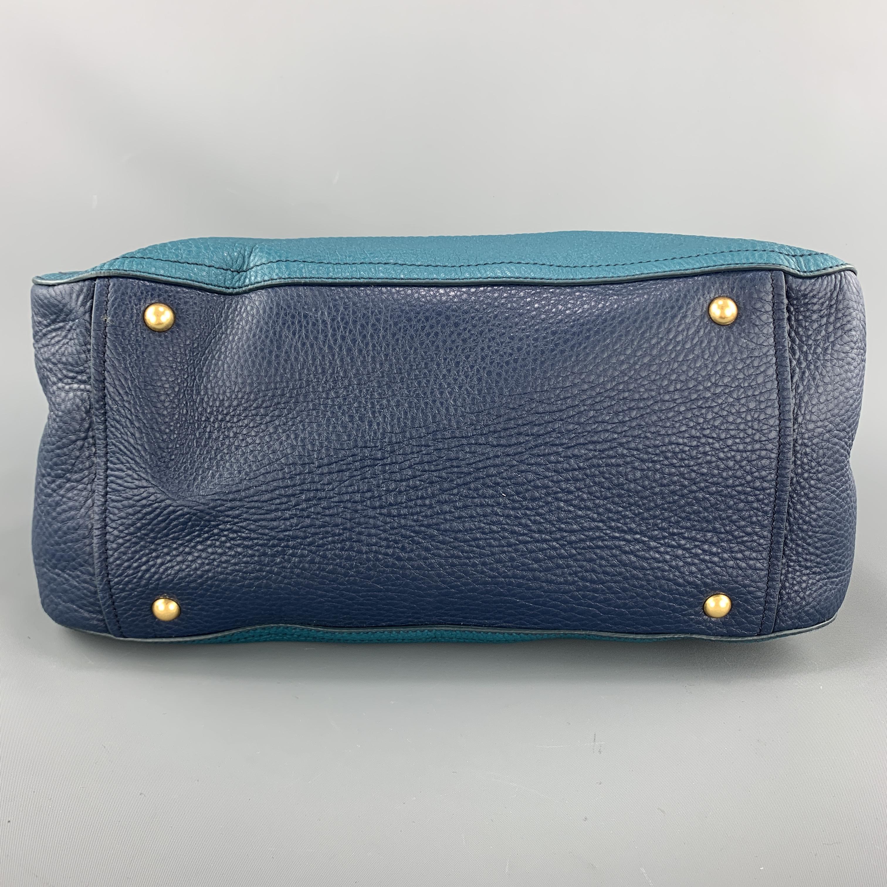 MIU MIU Teal & Blue Textured Leather Two Tone Vitello Caribo Tote Bag 1