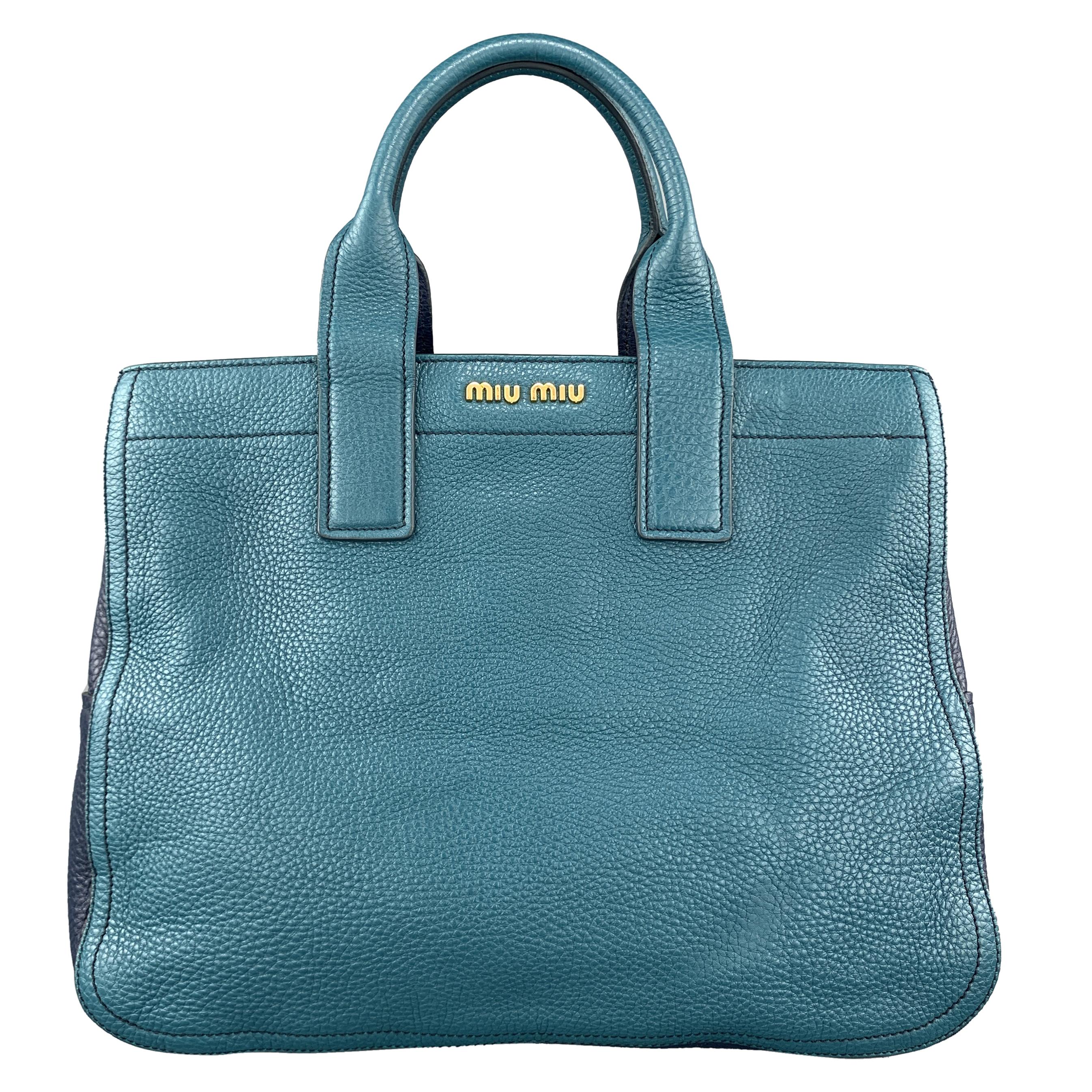 MIU MIU Teal & Blue Textured Leather Two Tone Vitello Caribo Tote Bag