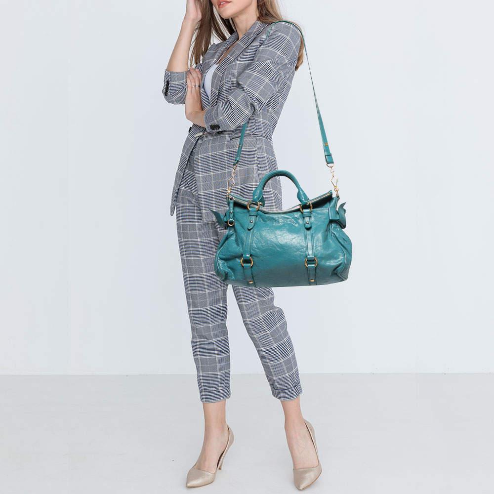 Miu Miu Teal Vitello Leather Bow Bag In Good Condition In Dubai, Al Qouz 2