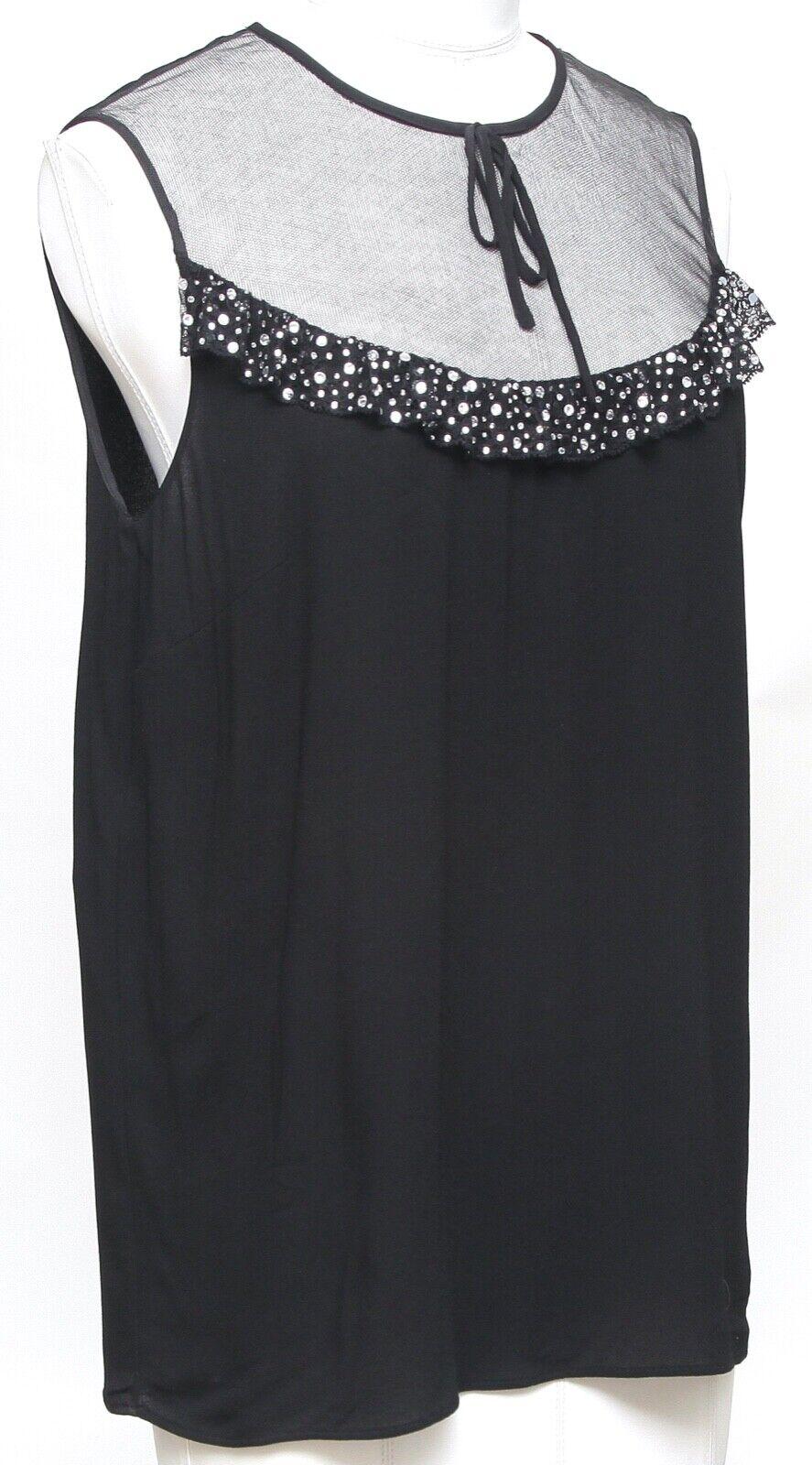 GUARANTEED AUTHENTIC MIU MIU BLACK SLEEVELESS BLOUSE

Design:
- Black sleeveless sleeveless viscose blend blouse.
- Front netting, sequin and tie.
- Slip-on with button closure.
- Unlined. 

Size: 42

Material: 98% Viscose, 2% Elastane

Measurements
