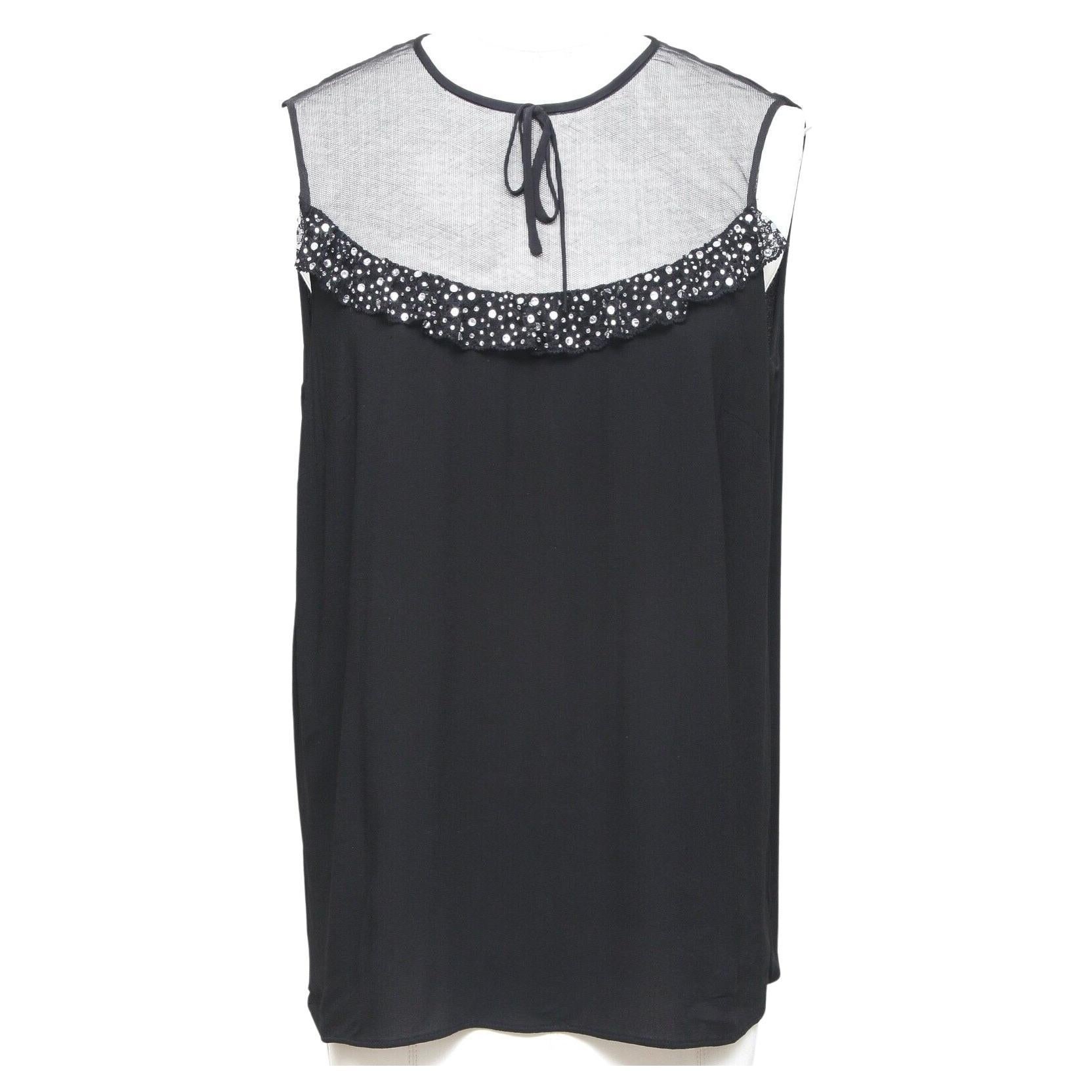 MIU MIU Top Blouse Shirt Sleeveless Black Viscose Tie Sequin Sz 42 NWT For Sale