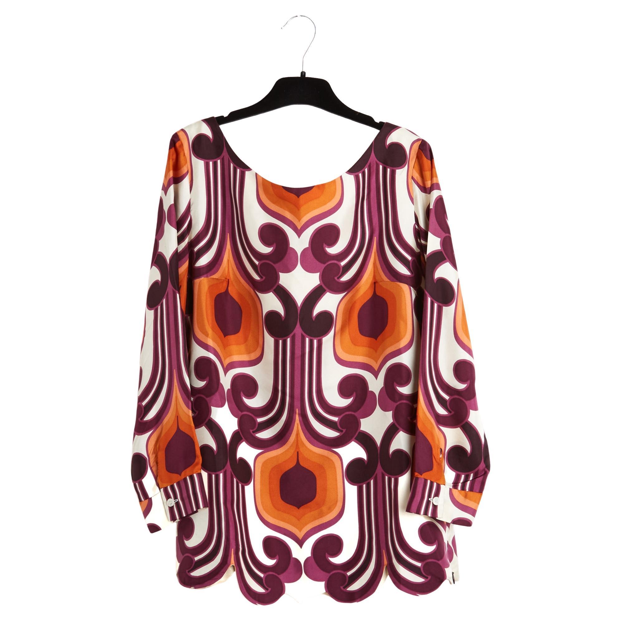 Miu Miu Top FR40 Geometric Print Ecru Silk Twill Blouse UK12 US10 Pristine For Sale