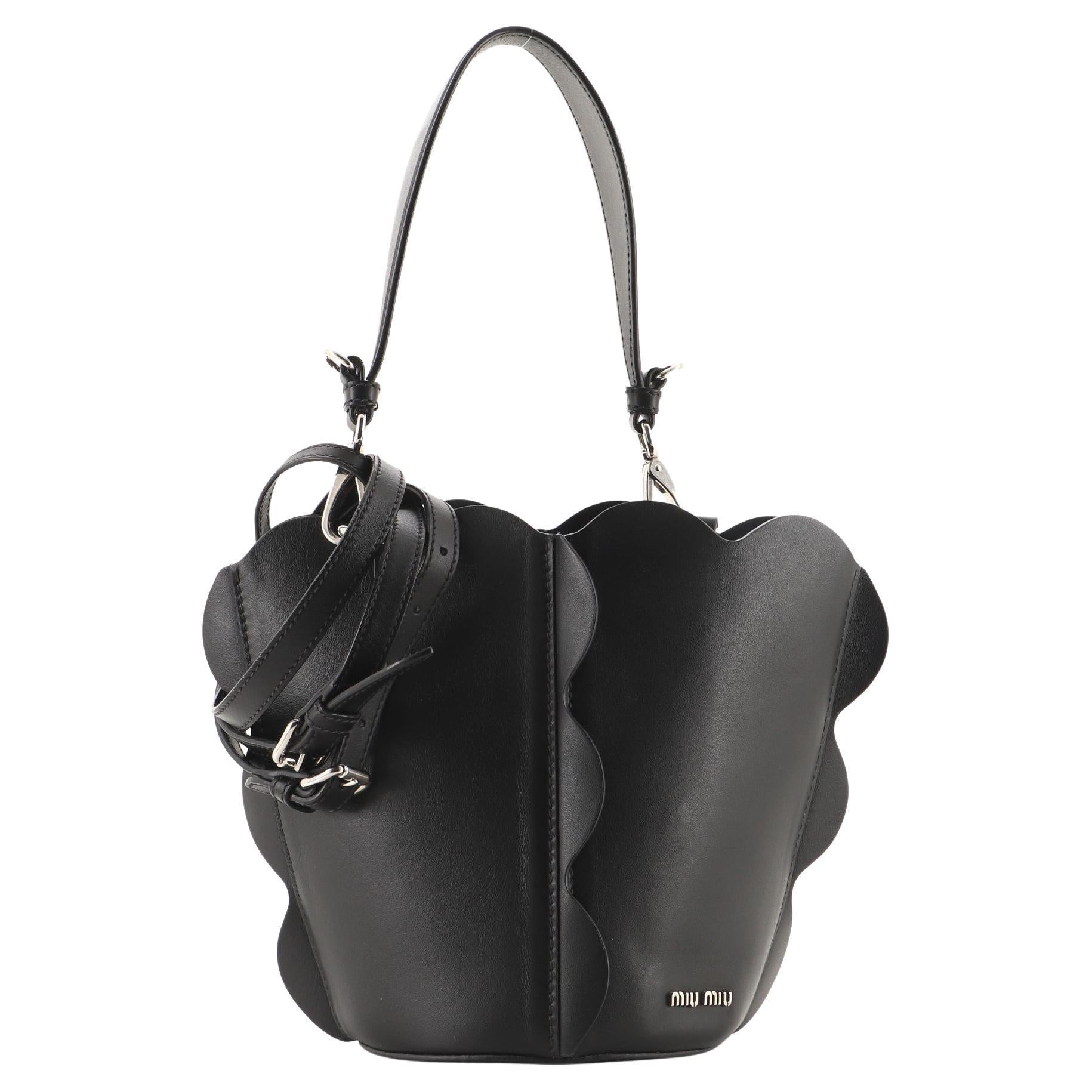 Miu Miu Matelassé Secchiello Black Leather Bucket Bag with Pink Braided Strap For Sale at