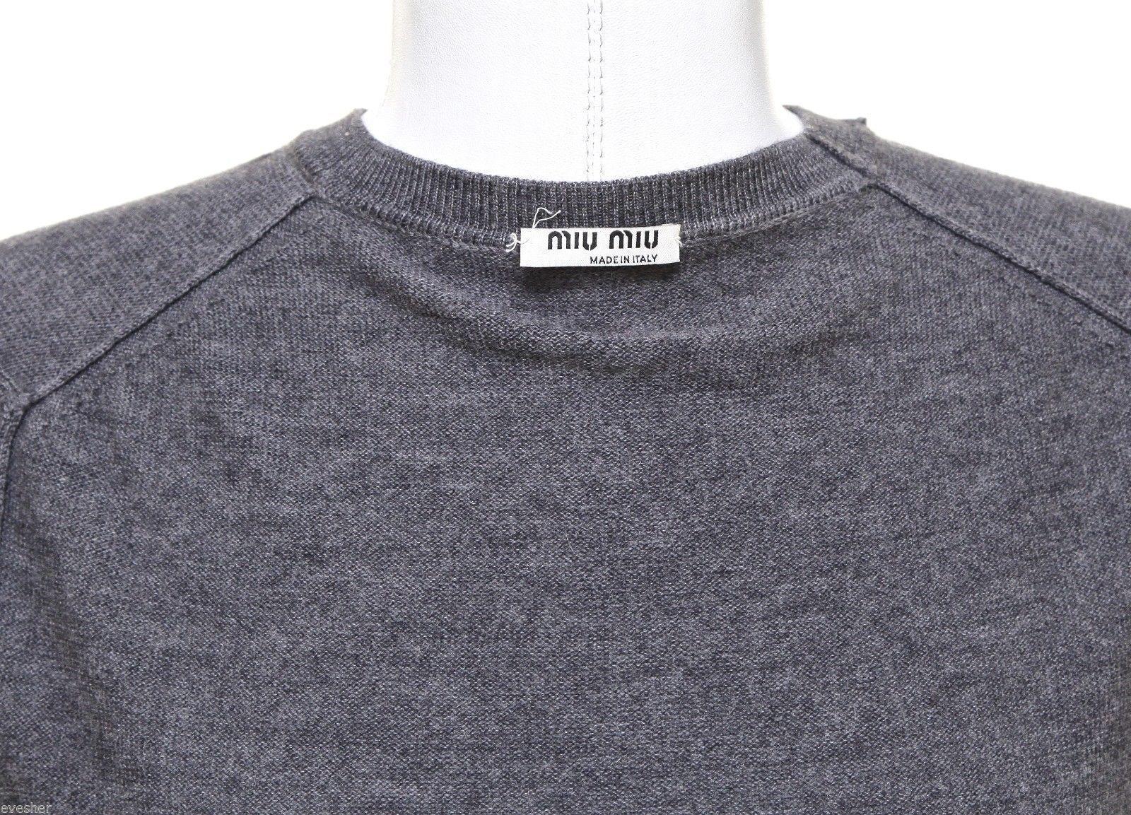 MIU MIU Top Sweater Knit Tunic Wool Grey Navy Silk Long Sleeve Sz 36 For Sale 1
