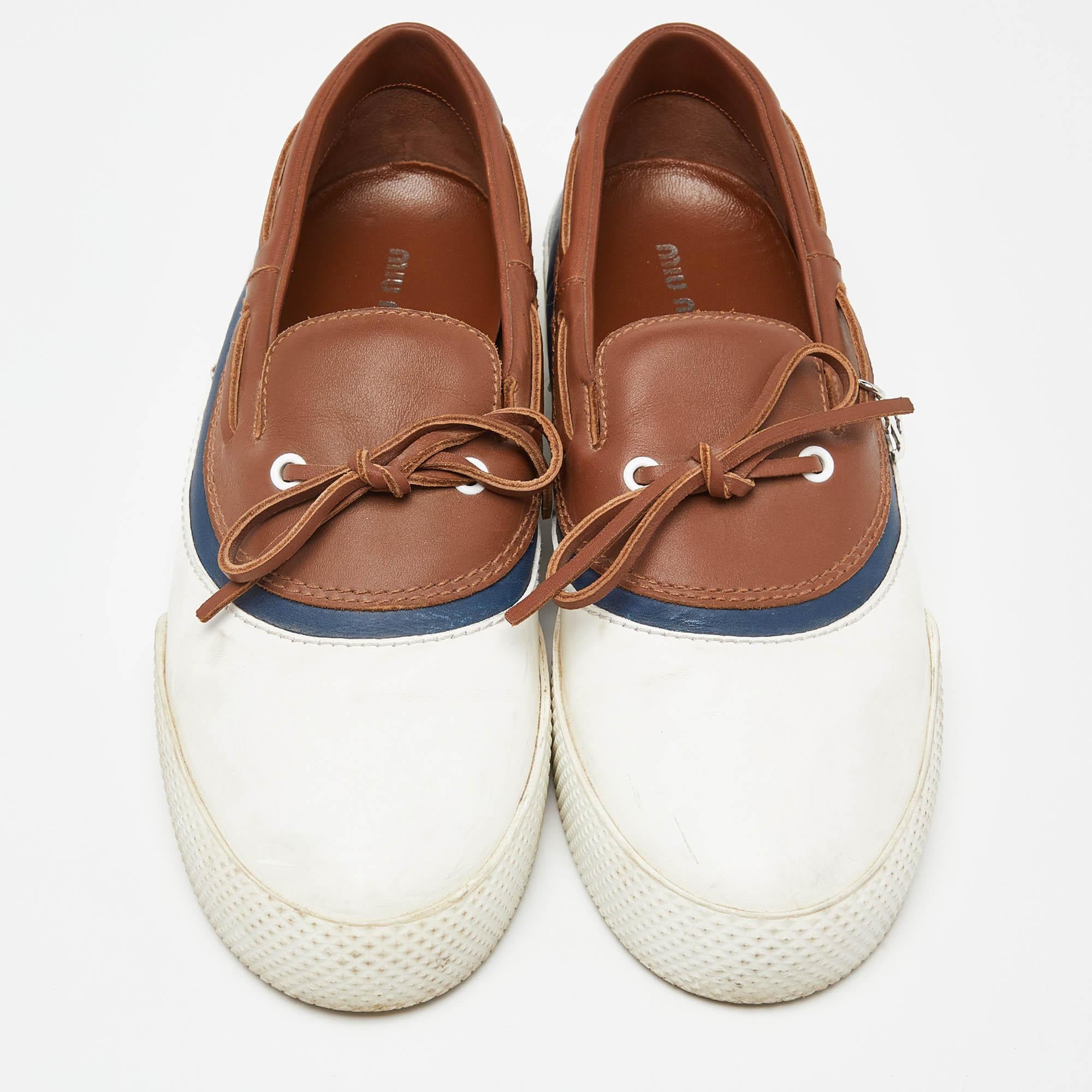 Beige Miu Miu Tri Color Leather Slip On Sneakers Size 39.5